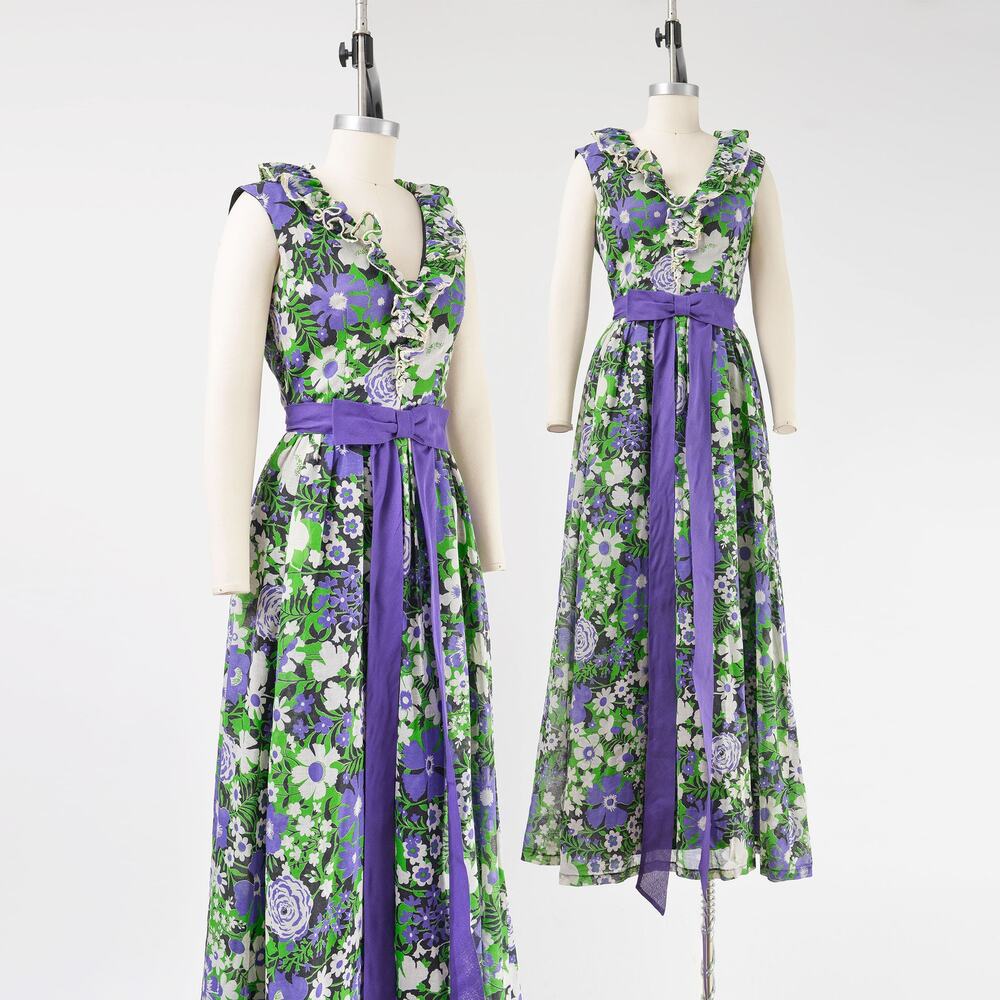 Vintage 70s Miss Elliette Floral Cotton Voile Ruffle Maxi Dress Bow size XS S